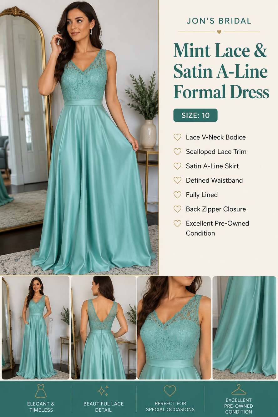 Jon's Bridal Mint Lace & Satin A-Line Formal Dress Size 10